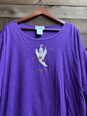 Quacker Factory 1X Halloween Ghost BOO Embroidered Purple Long Sleeve Pullover